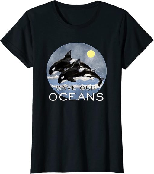 Womens Save Our Oceans Orca Killer Whale Art Retro Style Climate T-Shirt