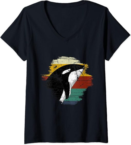 Womens Orca whale vintage retro killer whale art design V-Neck T-Shirt