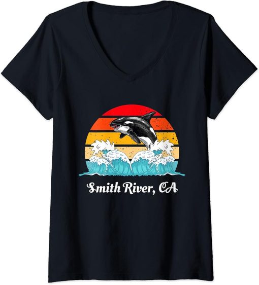 Womens Vintage Smith River CA Distressed Orca Killer Whale Art V-Neck T-Shirt