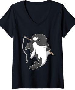 Womens Orca Fishing Fisher Fishing rod V-Neck T-Shirt