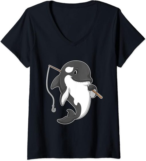 Womens Orca Fishing Fisher Fishing rod V-Neck T-Shirt