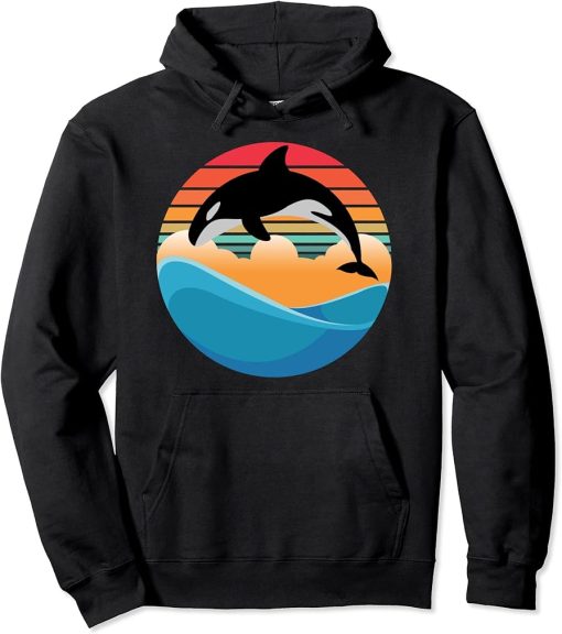 Orca killer Whale Jump in Vintage and Retro Sunset and Sea Pullover Hoodie