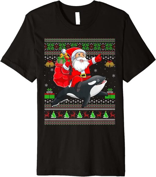 Ugly Xmas Funny Santa Claus Riding Orca Fish Christmas Premium T-Shirt