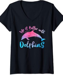 Womens LIFE IS BETTER WITH DOLPHINS Women Girls Mom Vintage Beach V-Neck T-Shirt