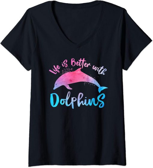 Womens LIFE IS BETTER WITH DOLPHINS Women Girls Mom Vintage Beach V-Neck T-Shirt