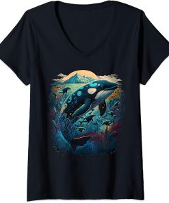 Womens Colourful mystical orca whale watching dolphin pottwhale orca whale V-Neck T-Shirt