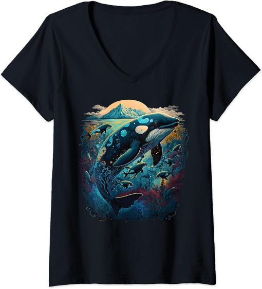 Womens Colourful mystical orca whale watching dolphin pottwhale orca whale V-Neck T-Shirt