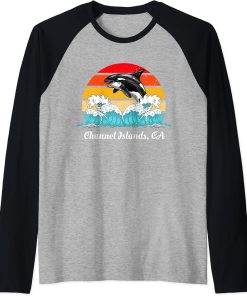 Vintage Channel-Islands CA Distressed Orca Killer Whale Art Raglan Baseball Tee