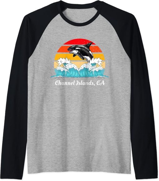 Vintage Channel-Islands CA Distressed Orca Killer Whale Art Raglan Baseball Tee