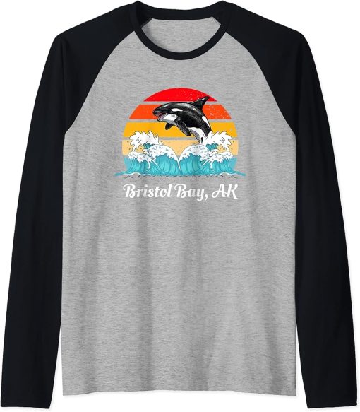 Vintage Bristol Bay AK Distressed Orca Killer Whale Art Raglan Baseball Tee