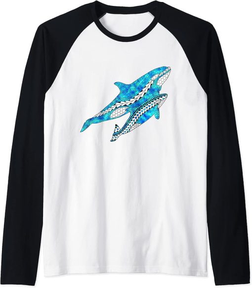 Tribal Orca Killer Whale and Baby Whale Ocean Animals Raglan Baseball Tee